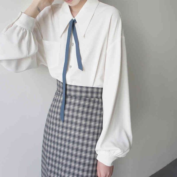 

women's blouses & shirts small pointed collar gray blue lace up college style lantern long sleeved white shirt 21 autumn female fashion