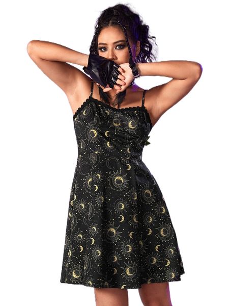 

romwe goth sun & moon graphic cami dress x41u#, Black;gray