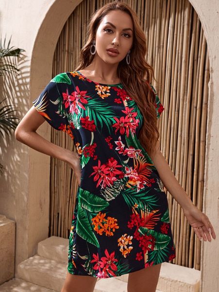 

tropical print dress u5qg#, Black;gray