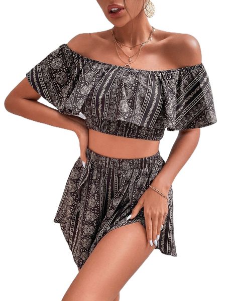 

paisley print crop & shorts set 13wl#, White