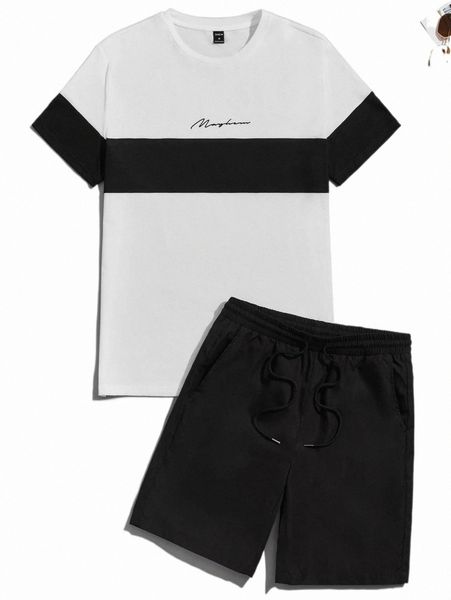 

men two tone letter graphic tee & track shorts g36m#, Gray