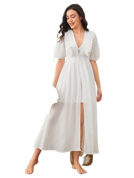 

contrast lace ruffle trim puff sleeve chiffon robe without nightdress o9gk#, Black;red