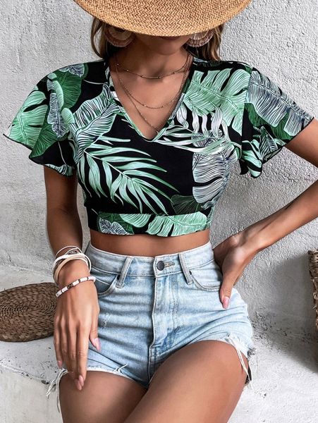 

tropical print cut out tie back butterfly sleeve crop blouse g67q#, White