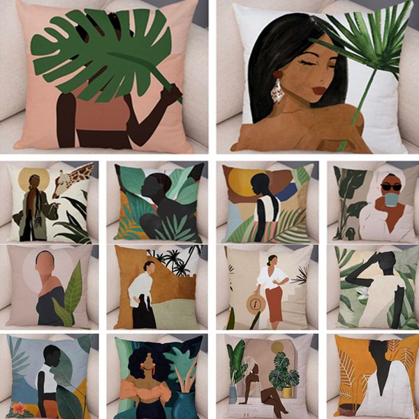 Planta tropical macio macio na África negra Casa feminina capa de linho geométrica feminina capa de almofada para sofá caro decoração de casa 220816