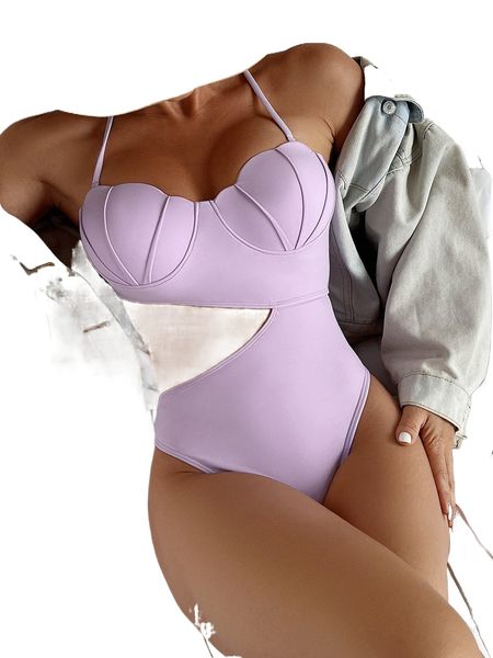 

scallop trim cut-out push up one piece swimsuit 58yg#, White;black