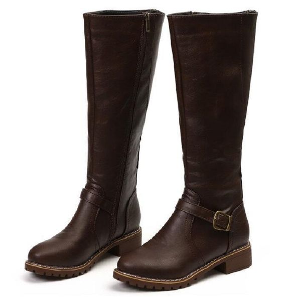 Женские коленные ботинки модные каблуки квадратная платформа длинные ботинки коричневая черная кожаная зима зима женщина теплые туфли DA39