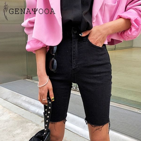 

genayooa knee length denim short push up elastic high waist biker shorts jean short summer black streetwear y200403, White;black