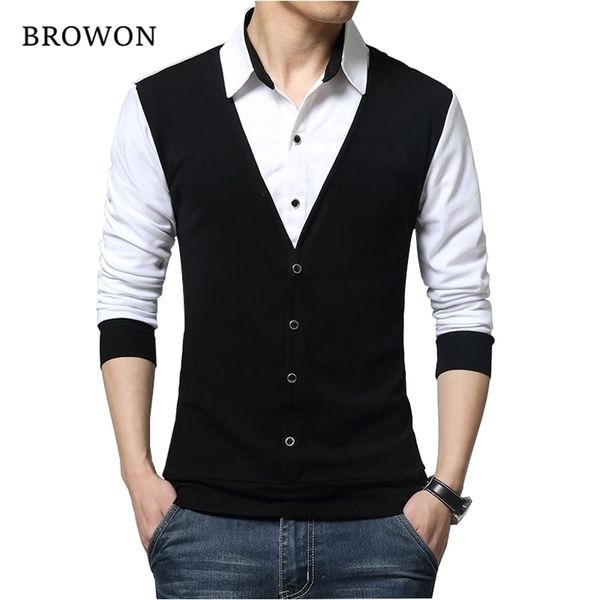 

browon brand autumn mens t shirts fashion fake wo designer clothing cool -shirt men long sleeve shirt casual male 220401, White;black