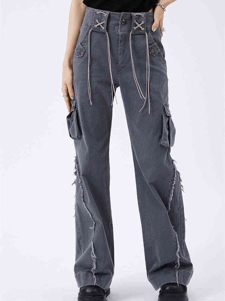

stitching raw edge gray jeans women's summer american retro loose design high waist straight wide leg micro flared pants female l220726, Blue
