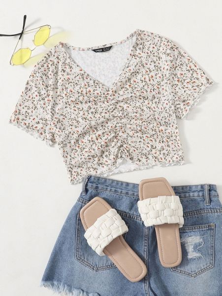 

ruched front lettuce trim ditsy floral tee a4od#, White