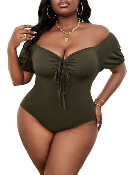 

sxy plus off shoulder raglan sleeve knot front bodysuit e9yz#, Black