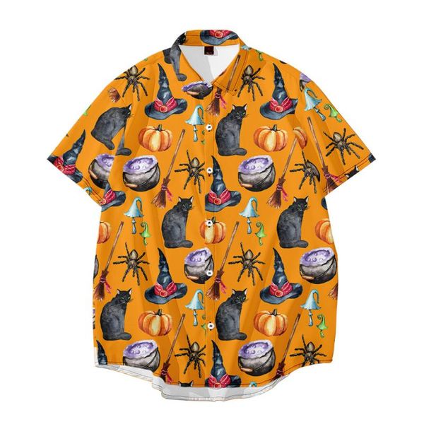 

men's casual shirts men vintage shirt summer hawaiian short sleeve halloween pumpkin printed beach man oversized 6xl, White;black
