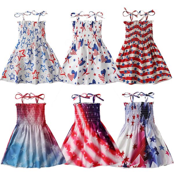 

independence day dress girls sleeveless ribbed stripes stars printed kids dresses summer 4th of july outfits, Red;yellow