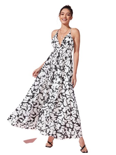 

x westinwalker geo print crisscross backless cami dress 75vr#, Black;gray