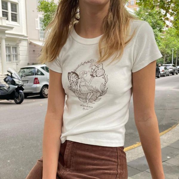 

butterfly fairy vintage crop tee women summer short sleeve o neck harajuku cotton y2k female casual slim, White