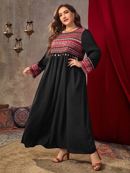 

plus chevron print tassel trim smock dress q59h#, Black