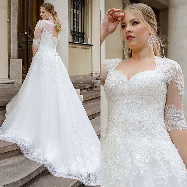 

plus size a-line wedding dress 2022 sweetheart half sleeves lace bridal gown applique vestido de novia, White
