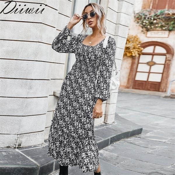 

diiwii style autumn winter vintage square collar fashion dress ruffled skirt lj201113, Black;gray