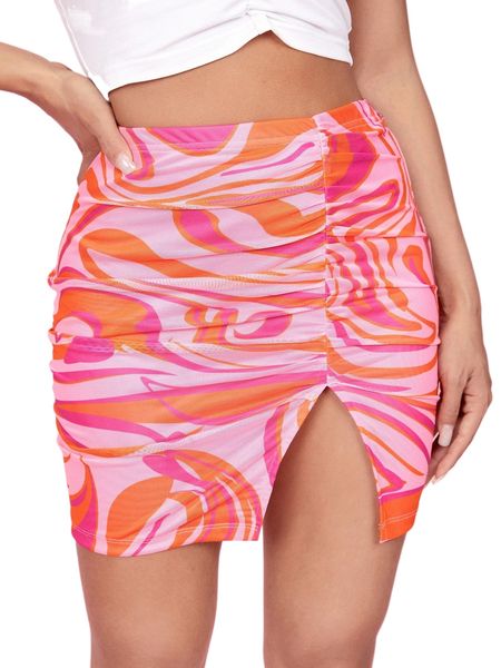 

graphic print split hem skirt 437i#, Black