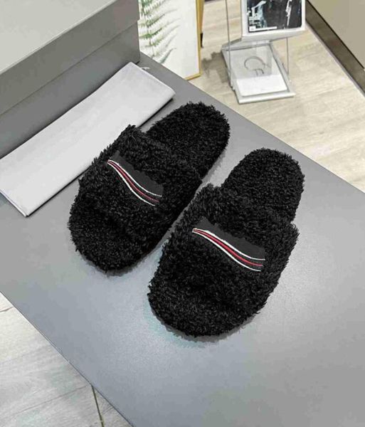

designer luxury womens slippers ladies winter wool slides fur fluffy warm paris letters sandals comfortable fuzzy girl flip flop slipper, Black