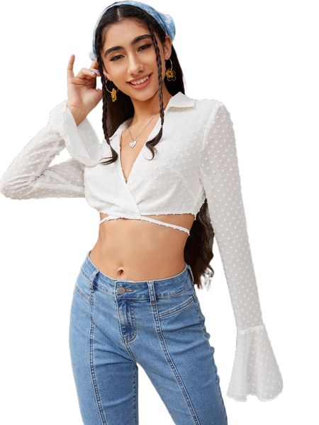 

crisscross tie back bell sleeve swiss dot blouse e86i#, White