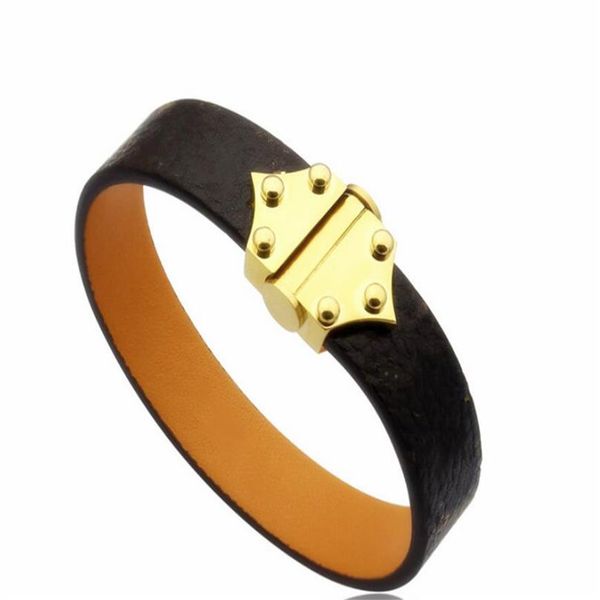 

2021 fashion named lady print four leaf flower design wide leather bracelets bangle with 18k gold v letter rivets accessories320s, Black