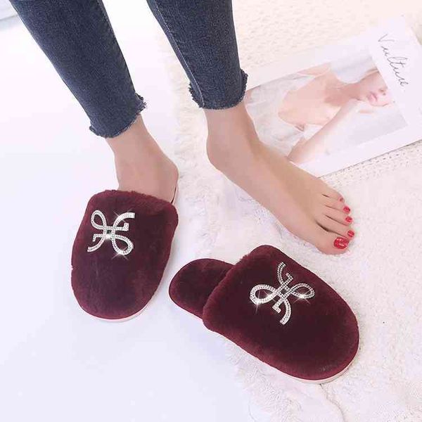 

designer shoes 2022 new winter home cotton slippers indoor flat bottom warm plush men's and women's rhinestone baotou, Black