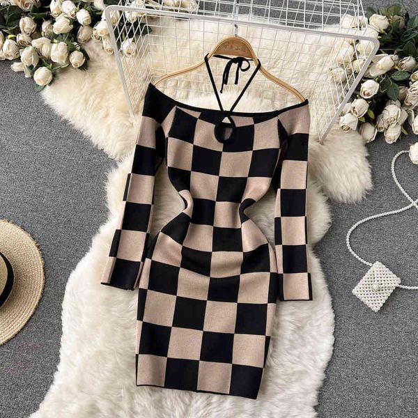 

casual dresses net red ins style super girl fried street buttock dress female slim neck hanging plaid knitted skirt h7qq, Black;gray