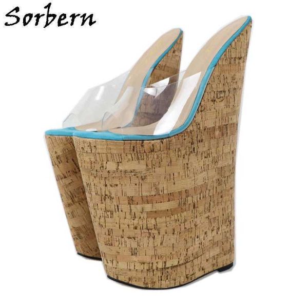 Sorbern Made-Sipariş 13 inç Sandal Kadınlar Aşırı Yüksek Topuk Şeffaf PVC Üzerinde Kayma PVC Toe Cork Takozlar Yaz Ayakkabı Görünüyor