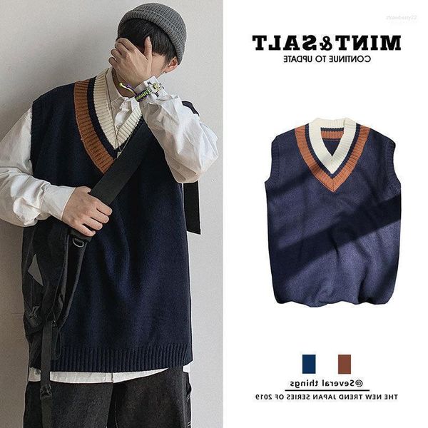 Fashion Vintage негабаритный Harajuku Sweater Men Mens Vests INS шикарные в корейском стиле V-образный вырез.