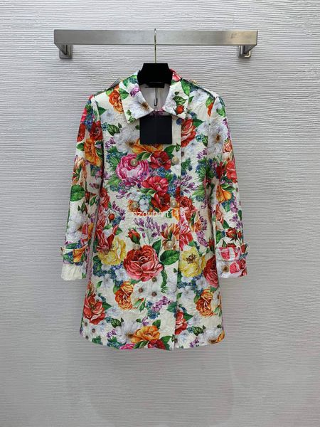 

women's wool & blends winter full printed peony flower loose and slightly closed waist version medium long windbreaker coat, Black
