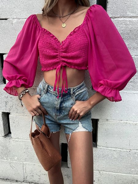 

lettuce trim shirred lace up crop blouse 971b#, White