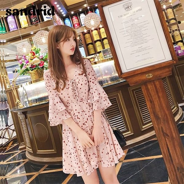 

summer new korean version of lady fashion floral slim vneck lotus leaf sleeve aline dress t200416, Black;gray
