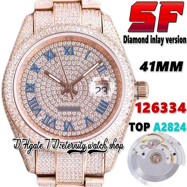 

sf latest bl126331 a2824 automatic mens watch tw126301 ew126334 diamond blue roman dial 904l steel iced out diamonds rose gold bracelet eter, Slivery;brown