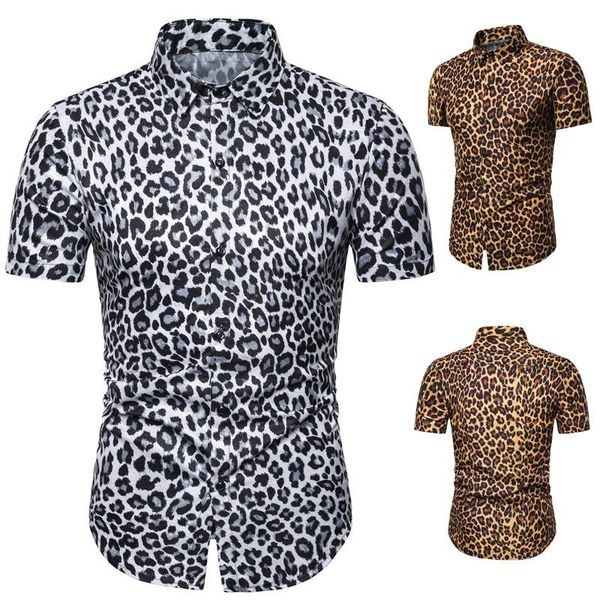 

men's casual shirts 2022 summer fashion mens leopard printed shirt button men short sleeve streetwear, White;black
