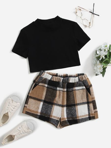 

girls tee & plaid shorts set she, White