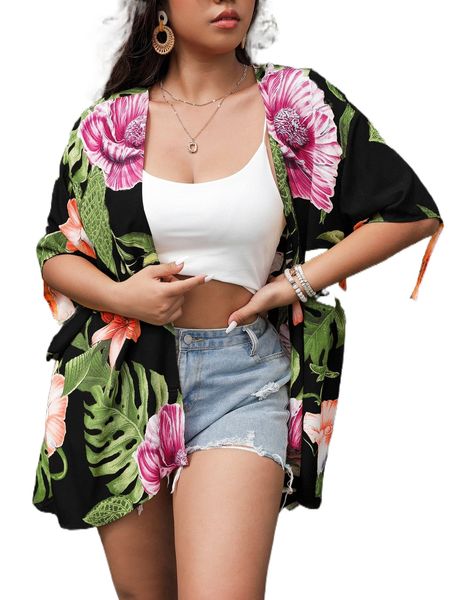 

plus tropical print kimono j8ys#, Black;gray
