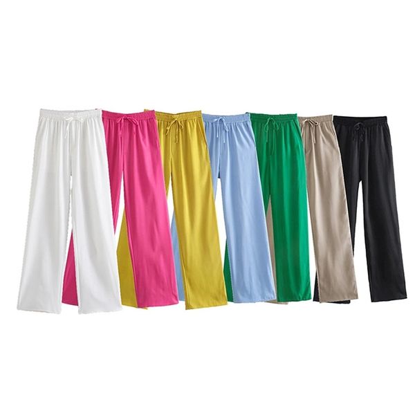 

traf women chic fashion side pockets loose wide leg pants vintage high elastic waist drawstring female trousers mujer 220808, Black;white