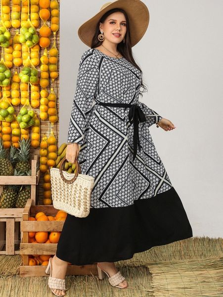 

plus scarf print belted dress s3va#, Black