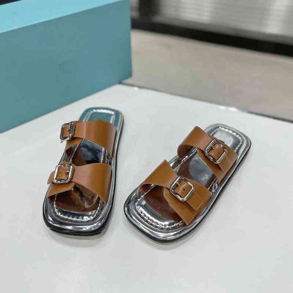 

sandals p family women's shoes spring and summer mirror open toe sandals very simple wind buckle side empty flat bottom casual slippers, Black