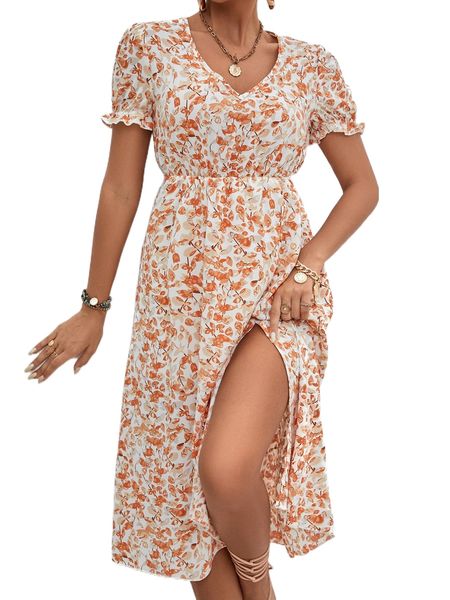 

allover print puff sleeve split thigh dress l9g3#, Black;gray