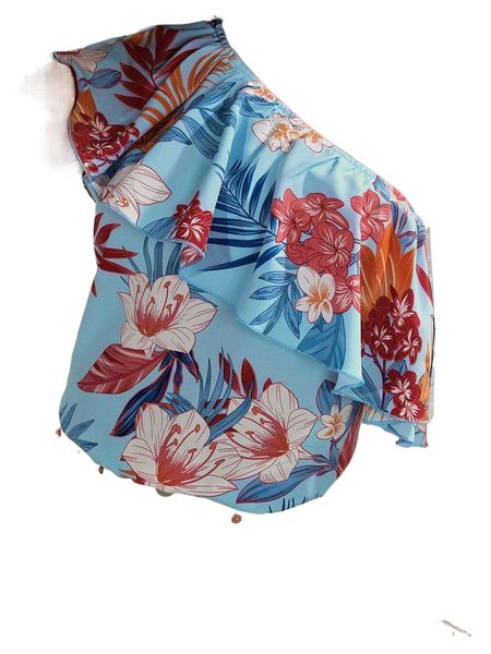 

floral print one shoulder ruffle trim x64h#, White
