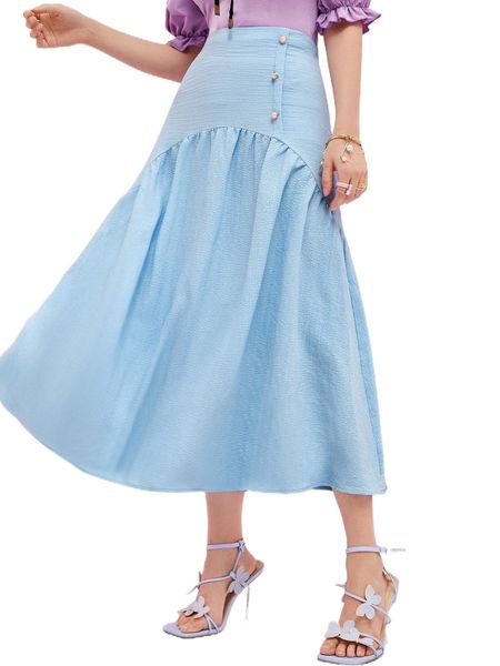 

solid button front ruffle hem skirt m6n4#, Black