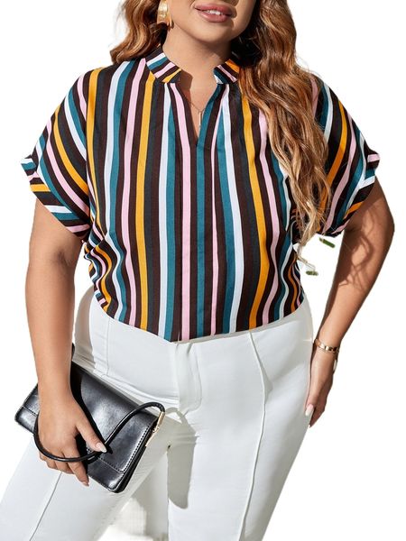 

plus block striped batwing sleeve popover blouse g4g7#, Black