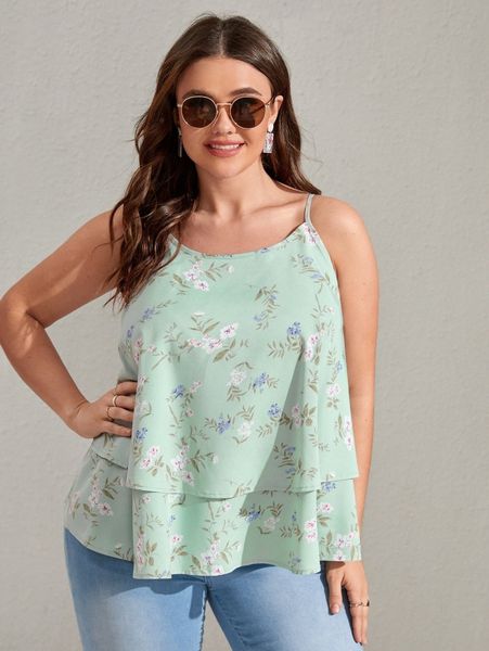 

plus floral print tiered layer peplum cami p7it#, Black