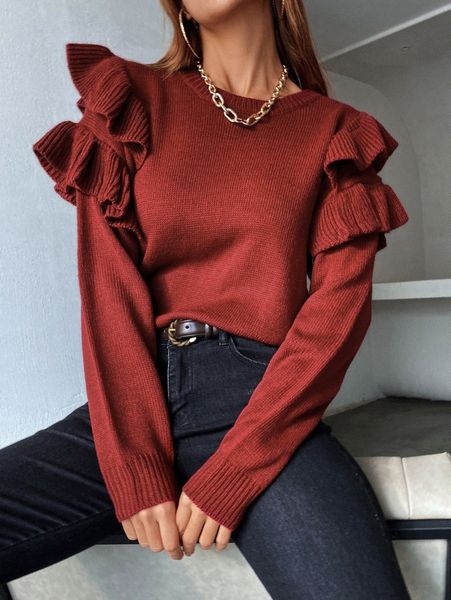 

ruffle trim ribbed knit sweater o1iu#, White;black