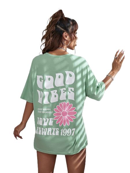 

floral & slogan graphic drop shoulder tee x1yd#, White
