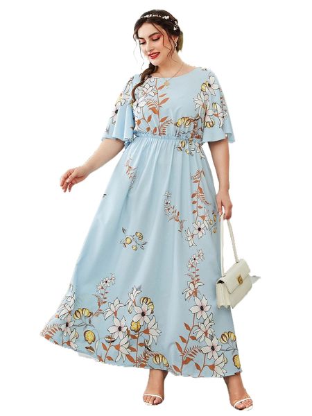 

plus random floral print butterfly sleeve frill trim dress 88jv#, Black