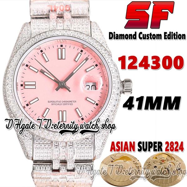 

sf latest ew124300 a2824 automatic mens watch tw126334 jh114300 diamond inlay case stick markers pink dial 904l steel iced out diamonds brac, Slivery;brown
