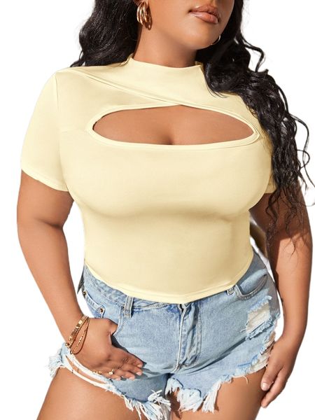 

plus solid cut out stand neck tee n5mg#, Black